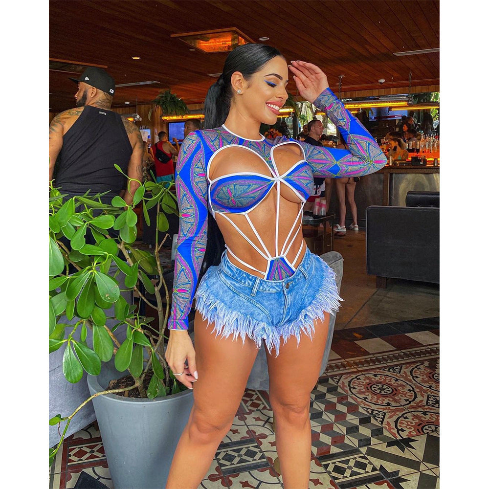 Dame Cut-Out Bodysuit og Fransen Shorts Sæt Stilla