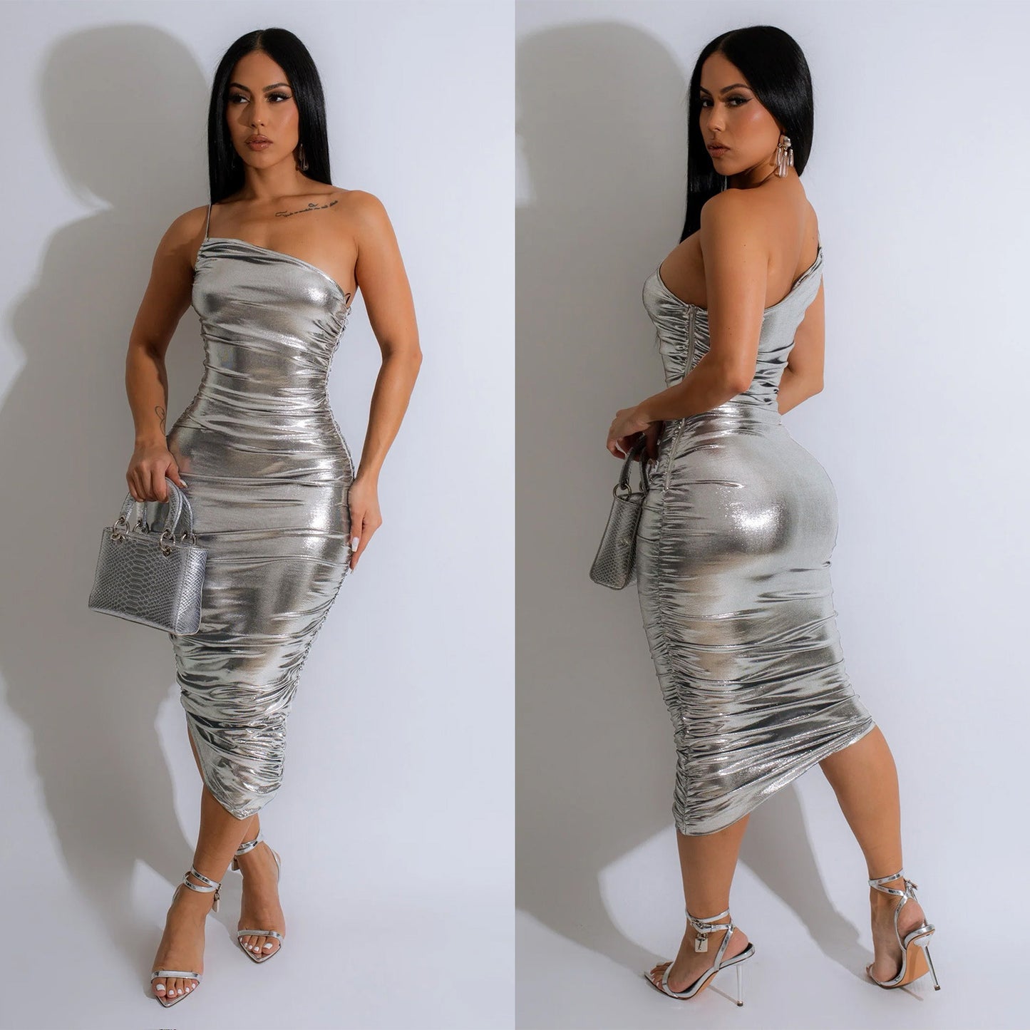 Dame Skinnende Bodycon-kjole med asymmetrisk kant og ruching Stilla