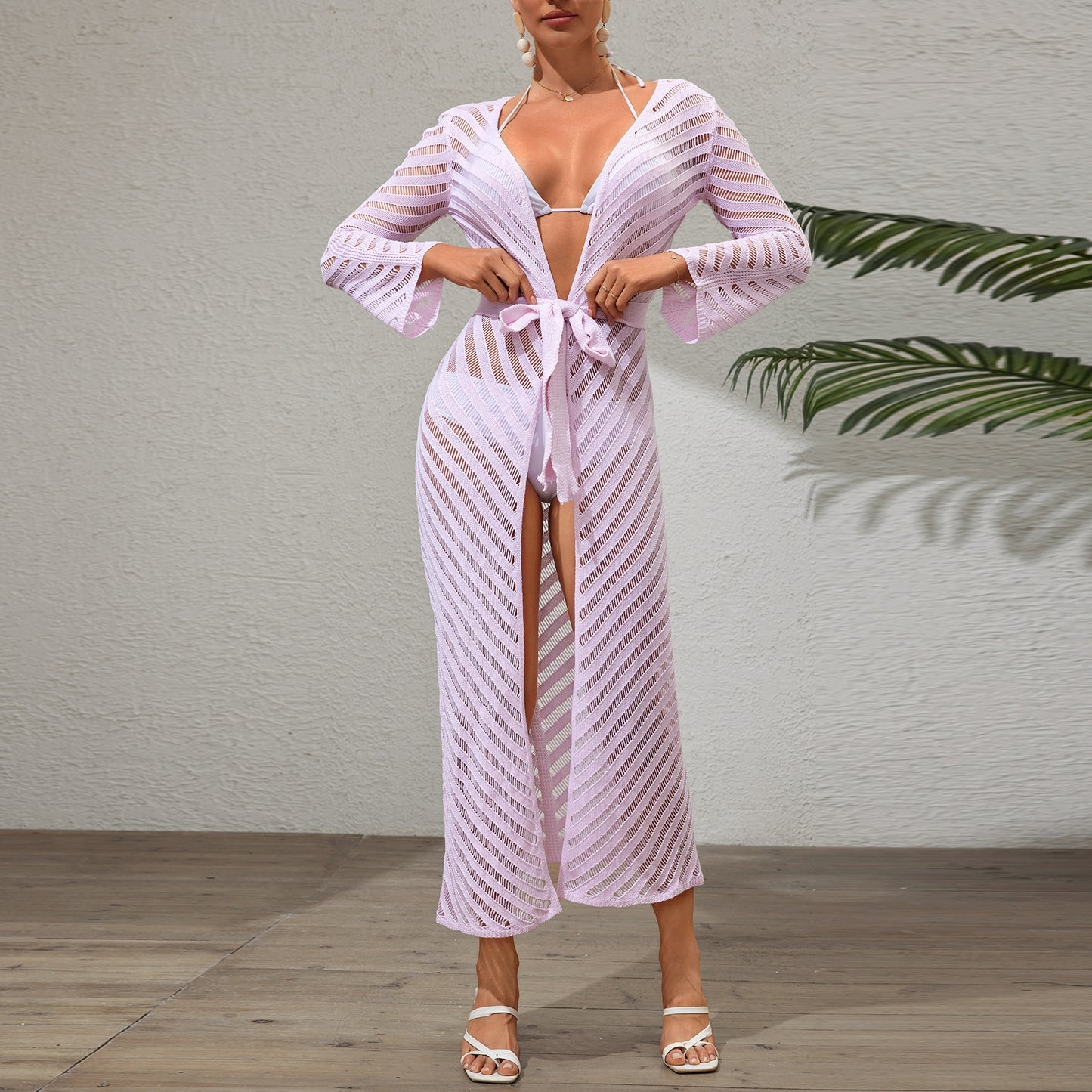 Dame Elegant Gennemsigtig Stribet Strand Overgangsfrakke Stilla