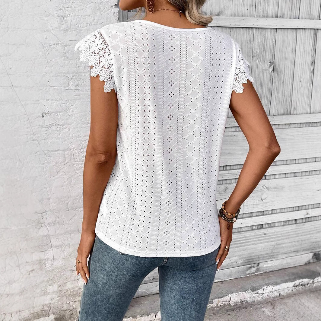 Dame elegant bluse med spidsærmer og hulmønster Stilla