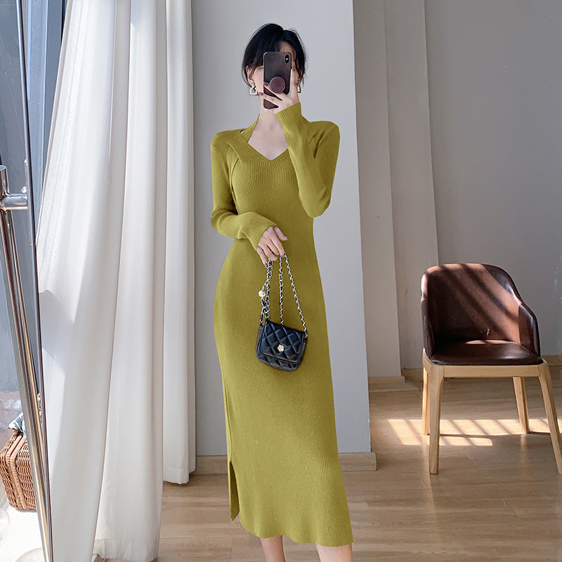 Femme Elegant Langærmet Strikkjole Stilla