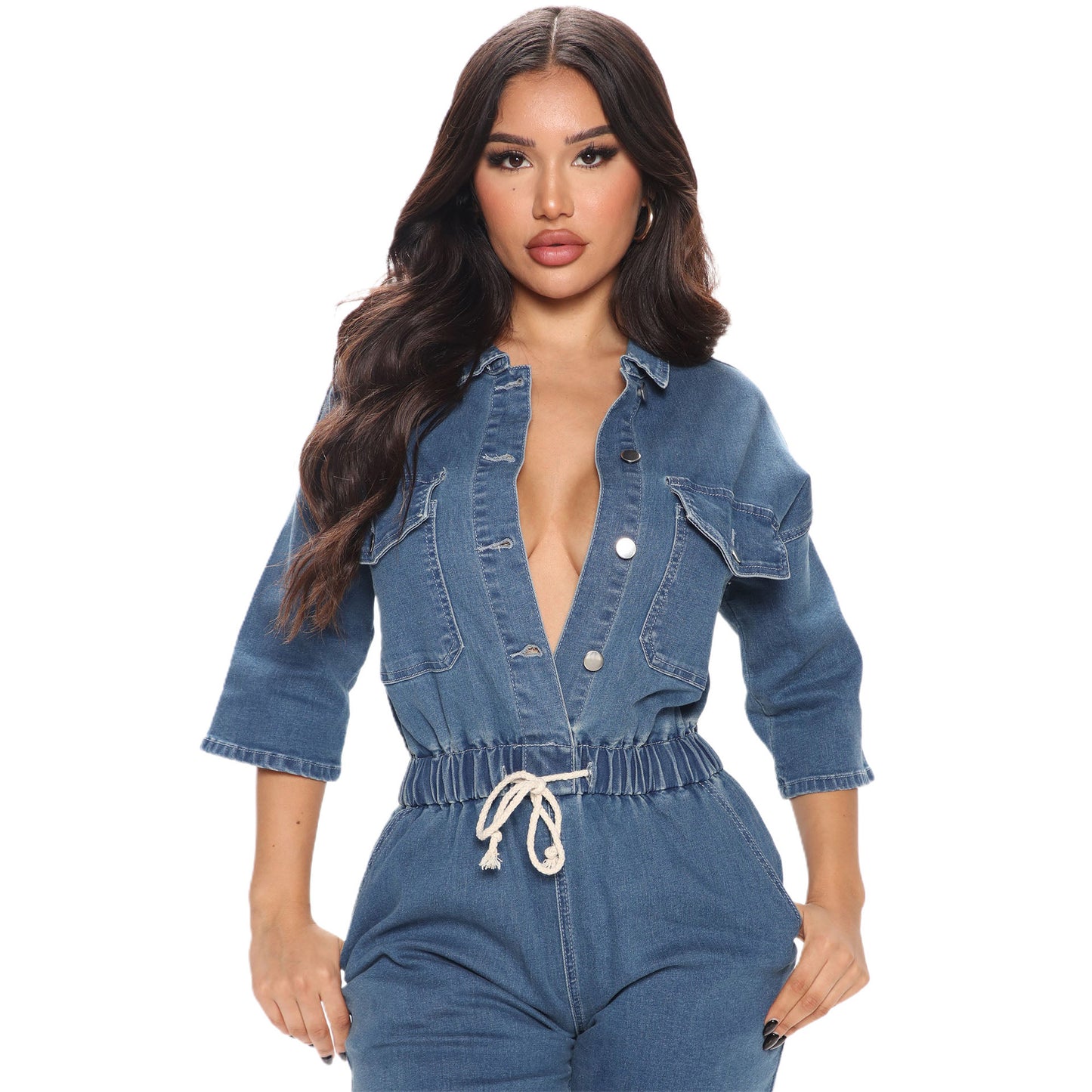 Dame Denim Jumpsuit med talje og knapdetaljer Stilla