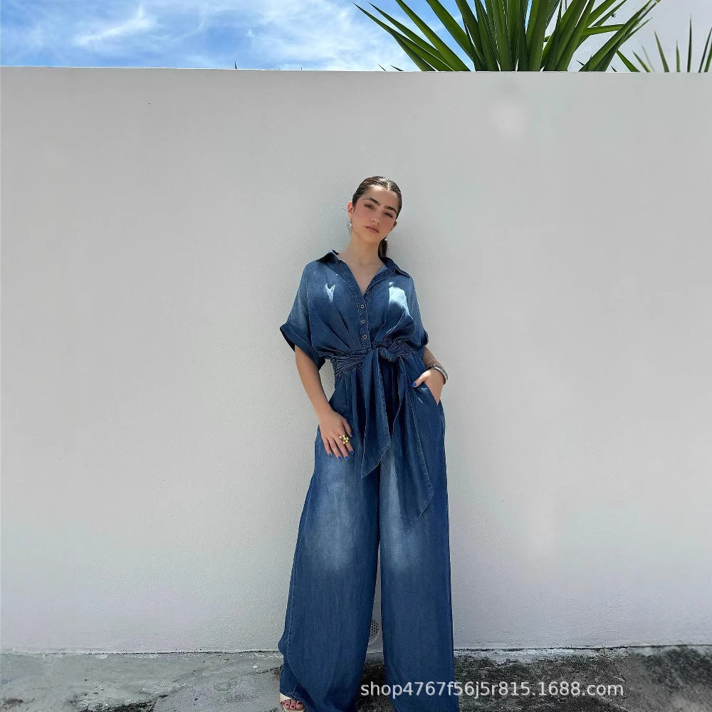 Dame afslappet denim-overall med vidde ben og praktiske lommer Stilla