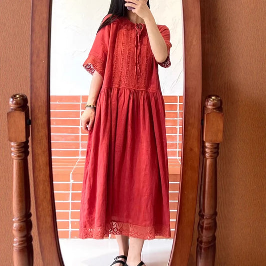 Dame Elegant Baumwolle Midi Kjole med Spids Detaljer Stilla