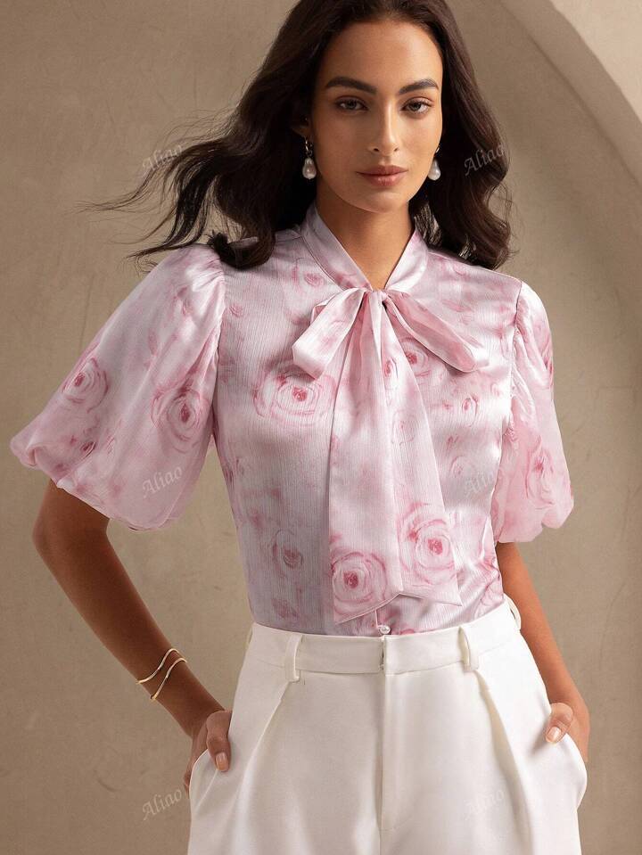 Dame elegant bluse med blomstertryk Stilla