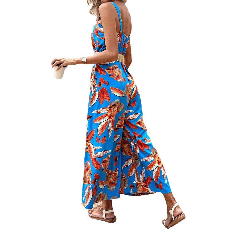 Dame Elegant Maxijumpsuit med florale applikationer og brede stropper Stilla