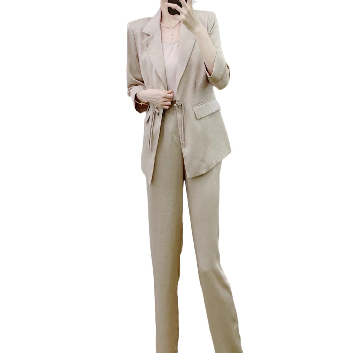 Dame Elegant Blazer-Bukser-Sæt med taljebinding og modetrendy snit Stilla