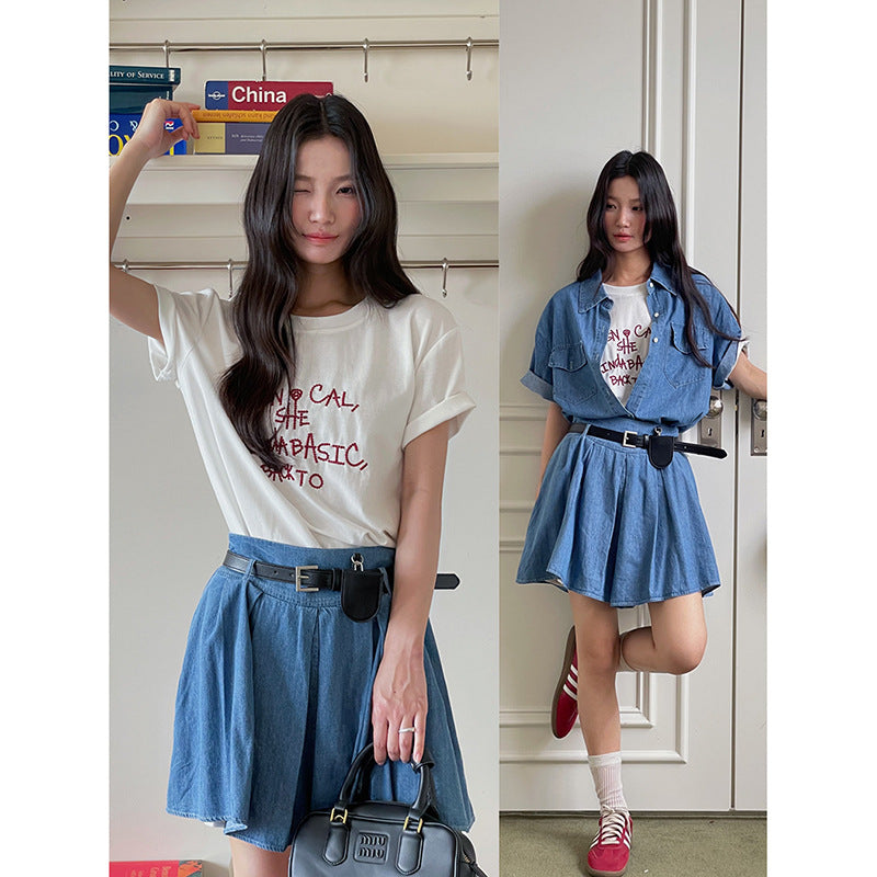 Dame Denim Overshirt med kortærmet design og praktiske brystlommer Stilla