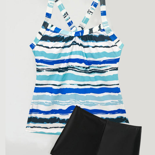 Dame Sporty Tankini-sæt med stribet top og shorts-agtig bund Stilla