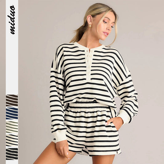 Dame afslappet stribet lounge-sæt med knaplukning og elastisk liv Stilla