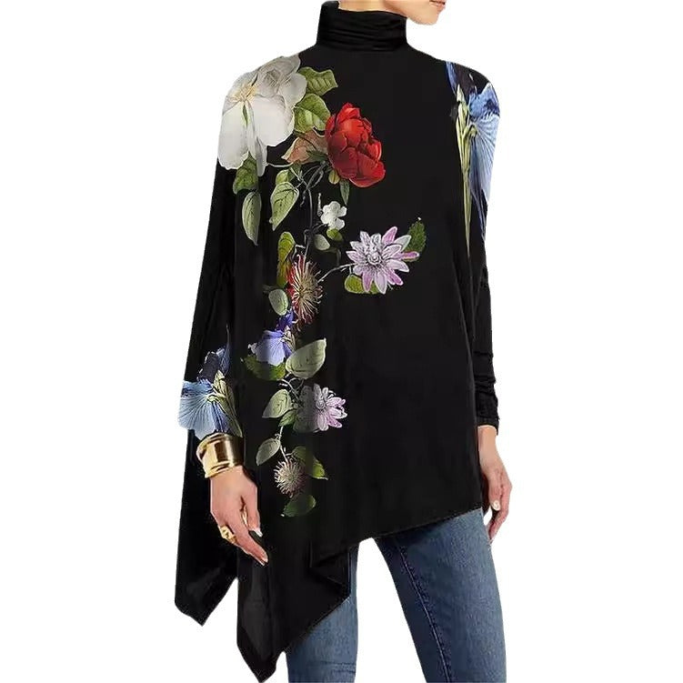 Dame elegant tunika overdel med floralt design og asymmetrisk snit Stilla