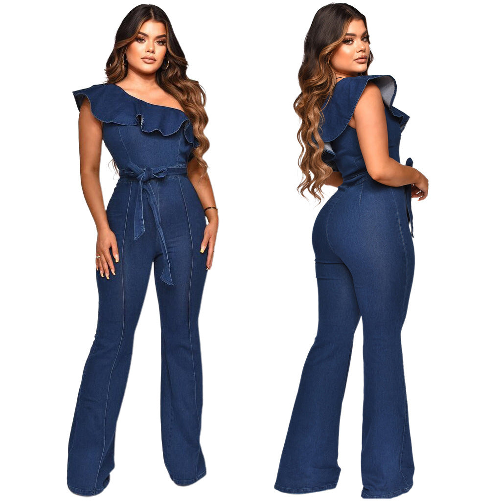 Dame elegant jumpsuit med smart flæsebesætning og bindebælte Stilla