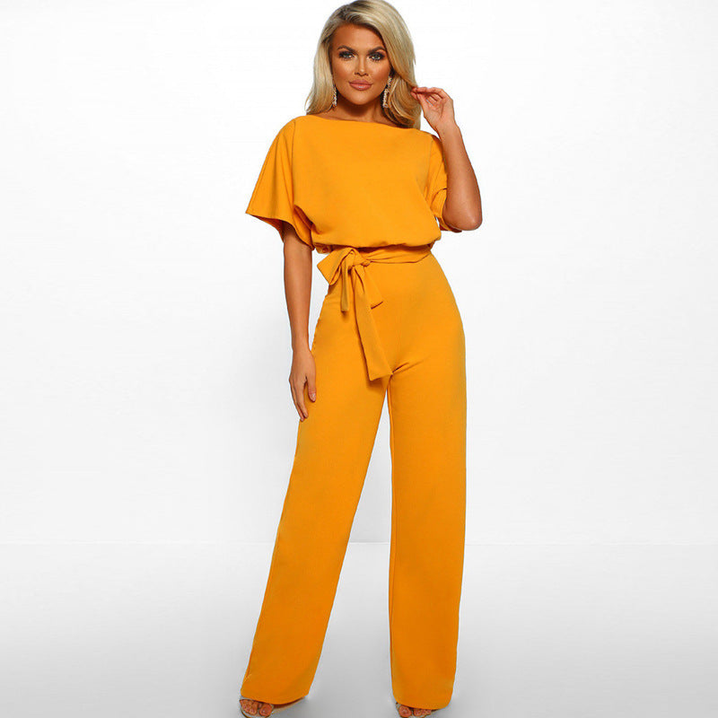 Dame Elegant Bred Ben Jumpsuit med Bindebælte Stilla