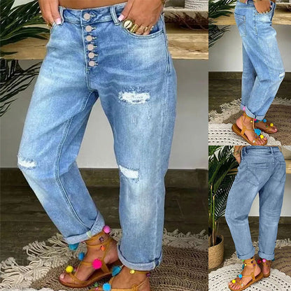 Dame Boyfriend-jeans med knaplukning og distressed-detaljer Stilla