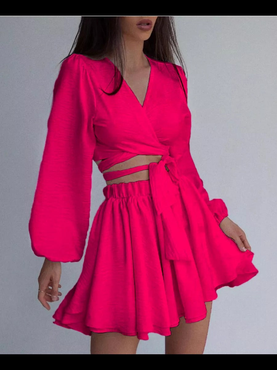 Dame Crop-Top og Nederdel Sæt med voluminøse ærmer og vikledesign Stilla