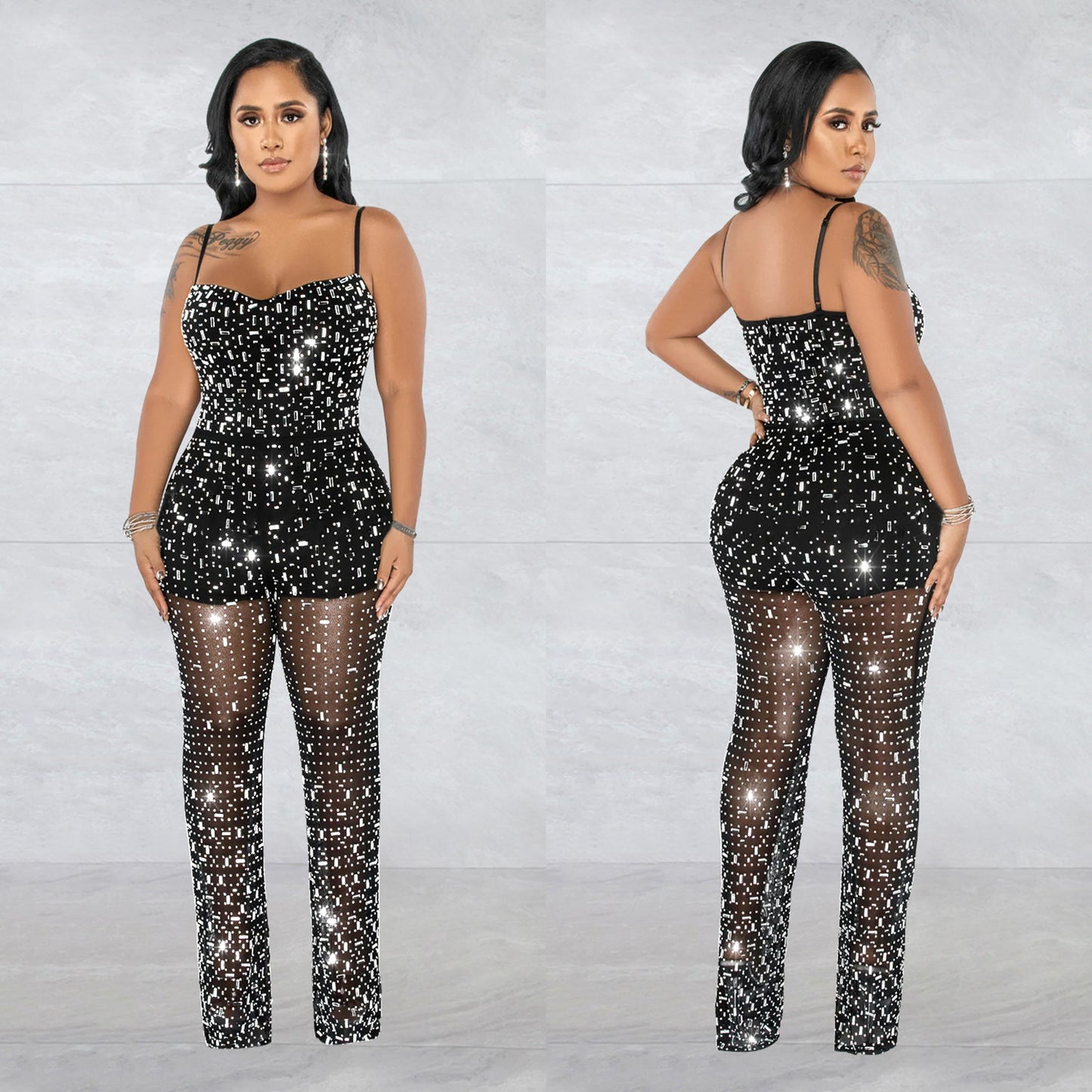 Dame Glitrende Jumpsuit med transparente indsatser og funkende paljetter Stilla
