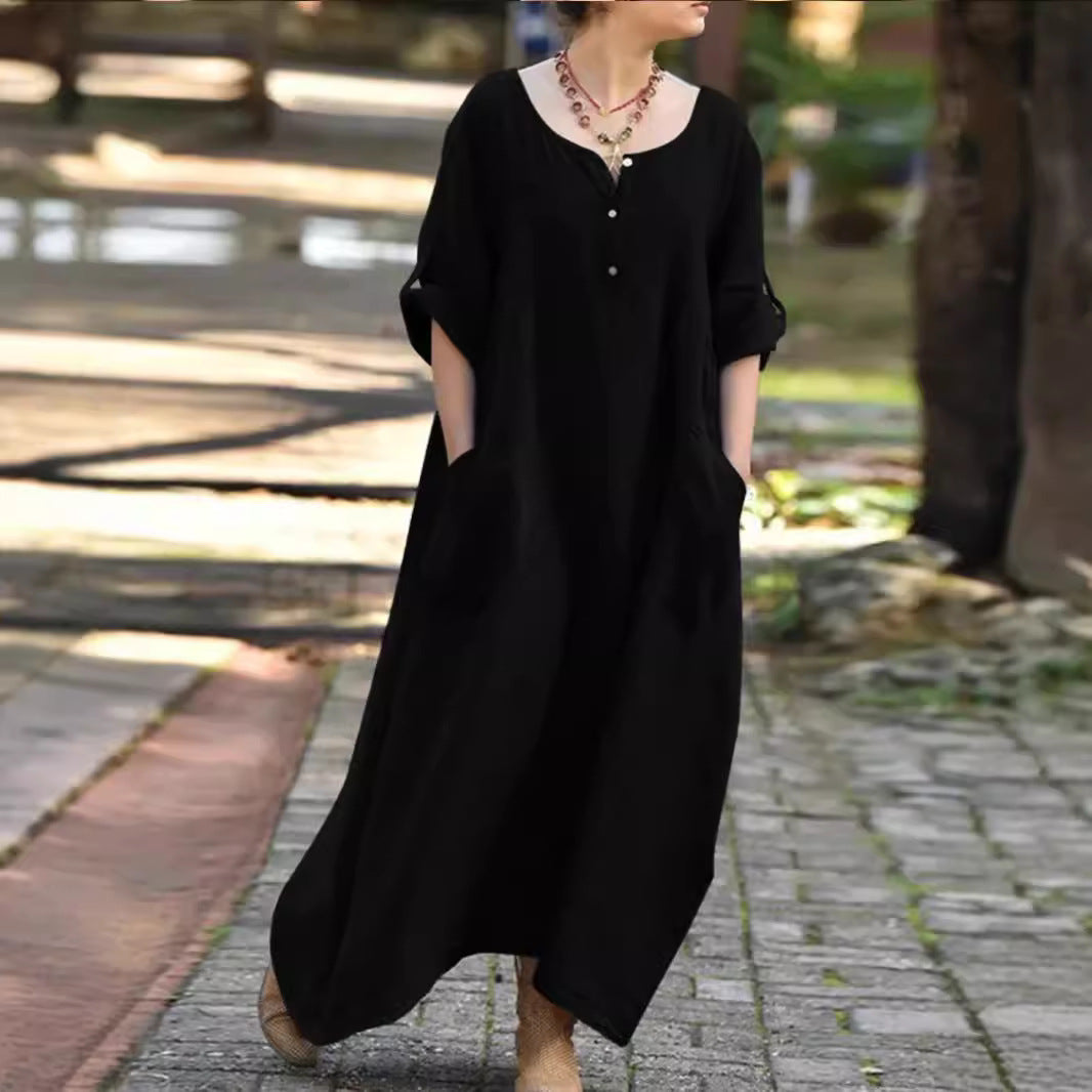 Dame afslappet langærmet kjole med praktiske lommer og knapdetaljer Stilla