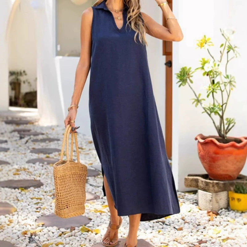 Dame afslappet maxikjole med sideslids og krave Stilla