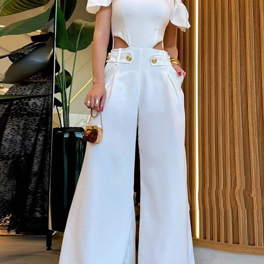 Dame elegant jumpsuit med struktureret cut-out-design og bred bukse Stilla