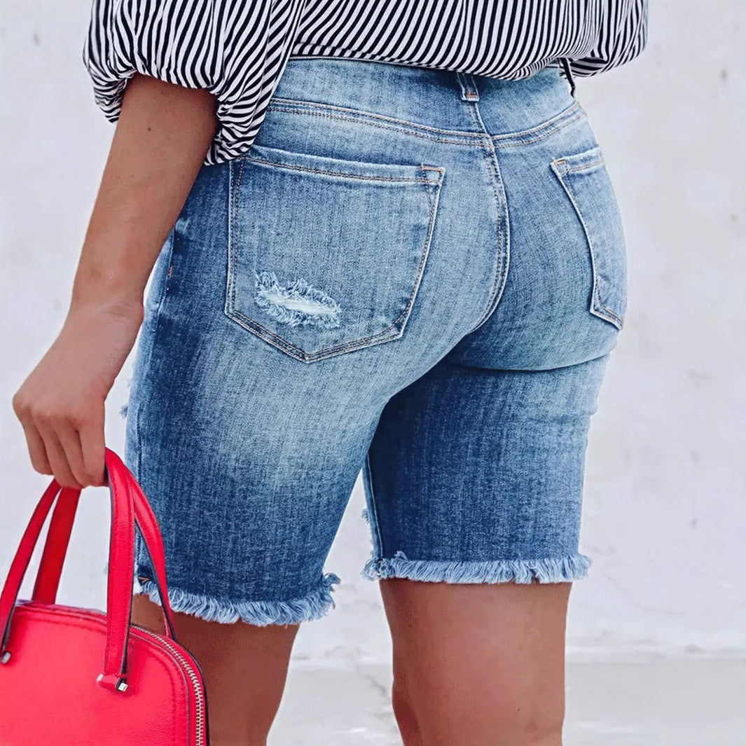 Dame jeansshorts med høj talje og stilfulde destroyed-detaljer Stilla