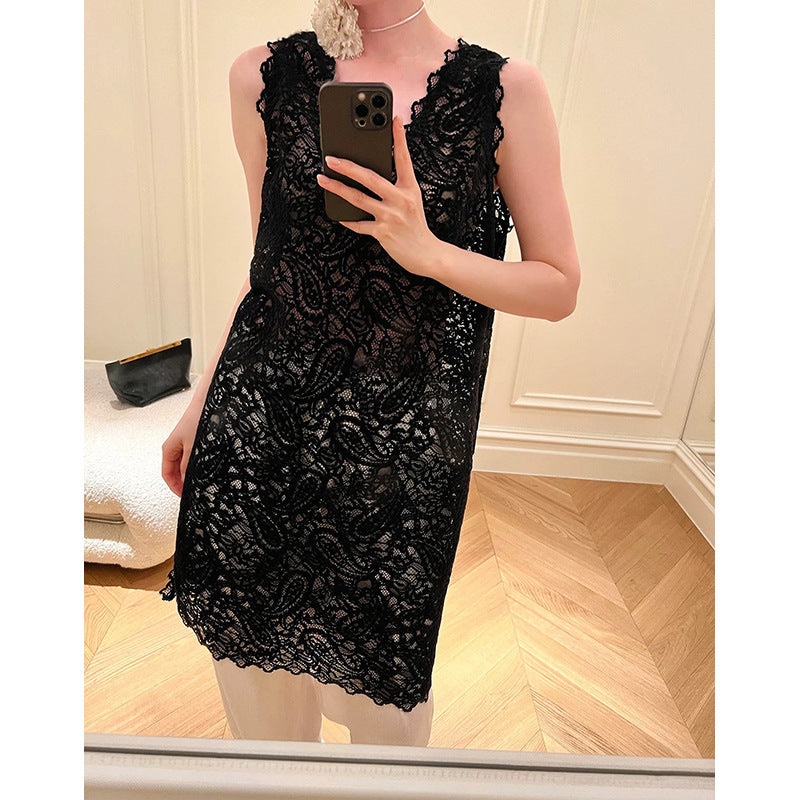 Dame elegant hækle top med dyb V-halsudskæring og flydende snit Stilla