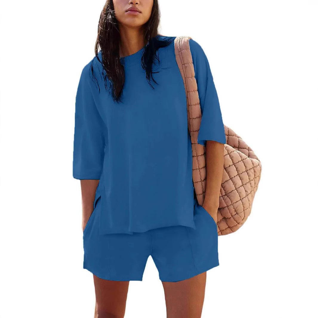 Dame afslappet kortærmet sæt med lommer og rund halsudskæring Stilla