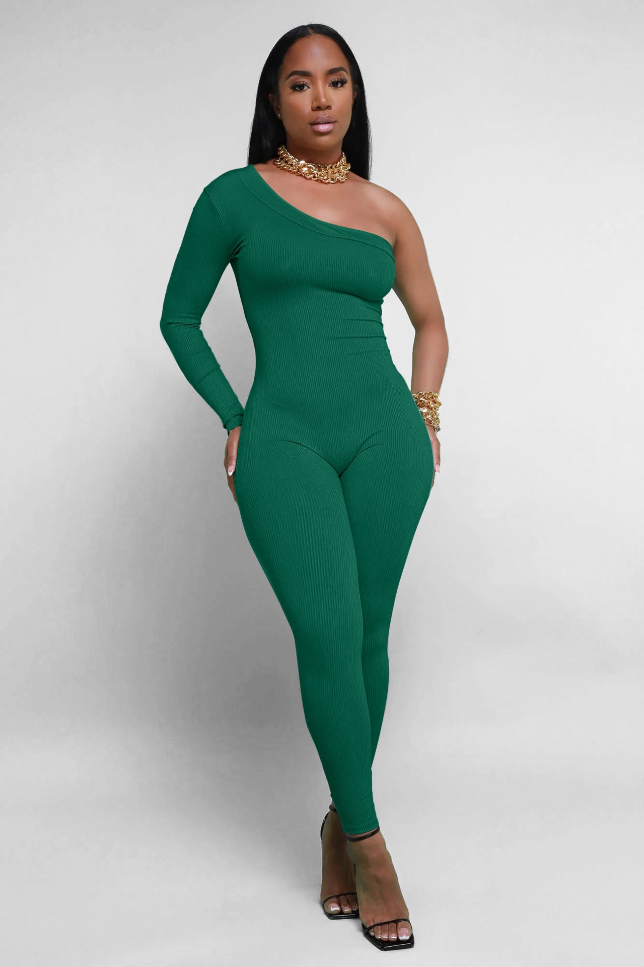 Dame Asymmetrisk Langærmet Jumpsuit i ribbet materiale Stilla