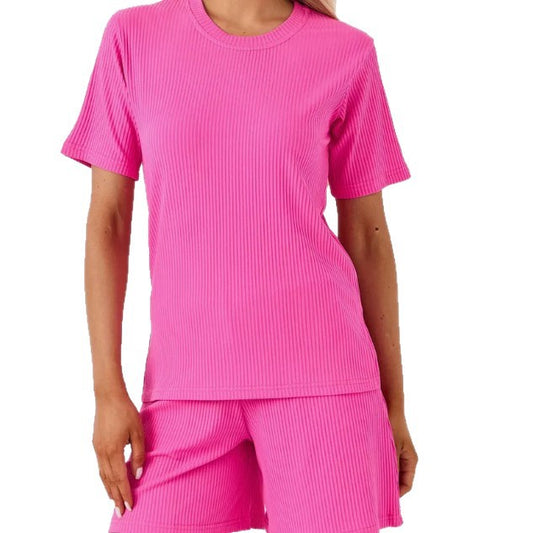 Dame afslappet ribstrik to-delt sæt med shorts og T-shirt Stilla