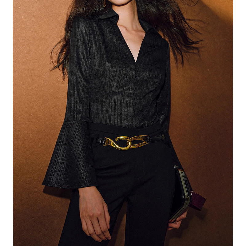 Dame elegant bluse med bred ærme og stilfuld V-udskæring Stilla