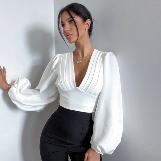 Dame elegant bluse med voluminøse puffærmer og V-udskæring Stilla