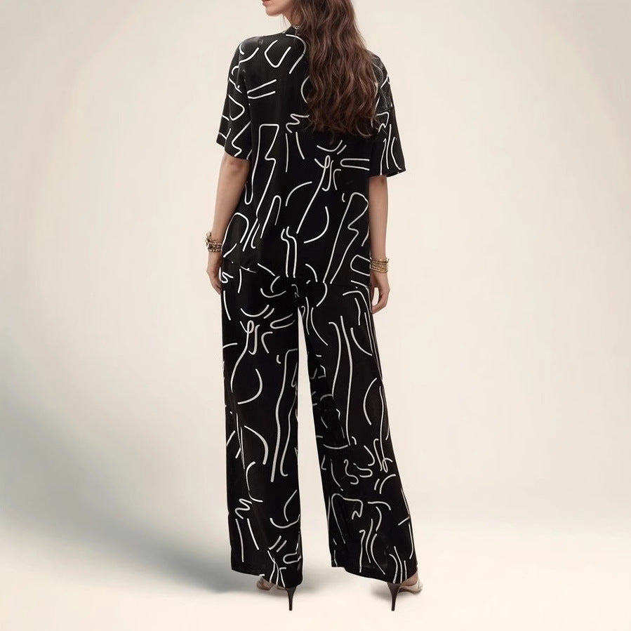 Dame Abstract Print Løs Pasform Loungewear Sæt Stilla