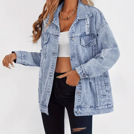 Dame afslappet oversized denimjakke med frynse detaljer og moderne elementer Stilla