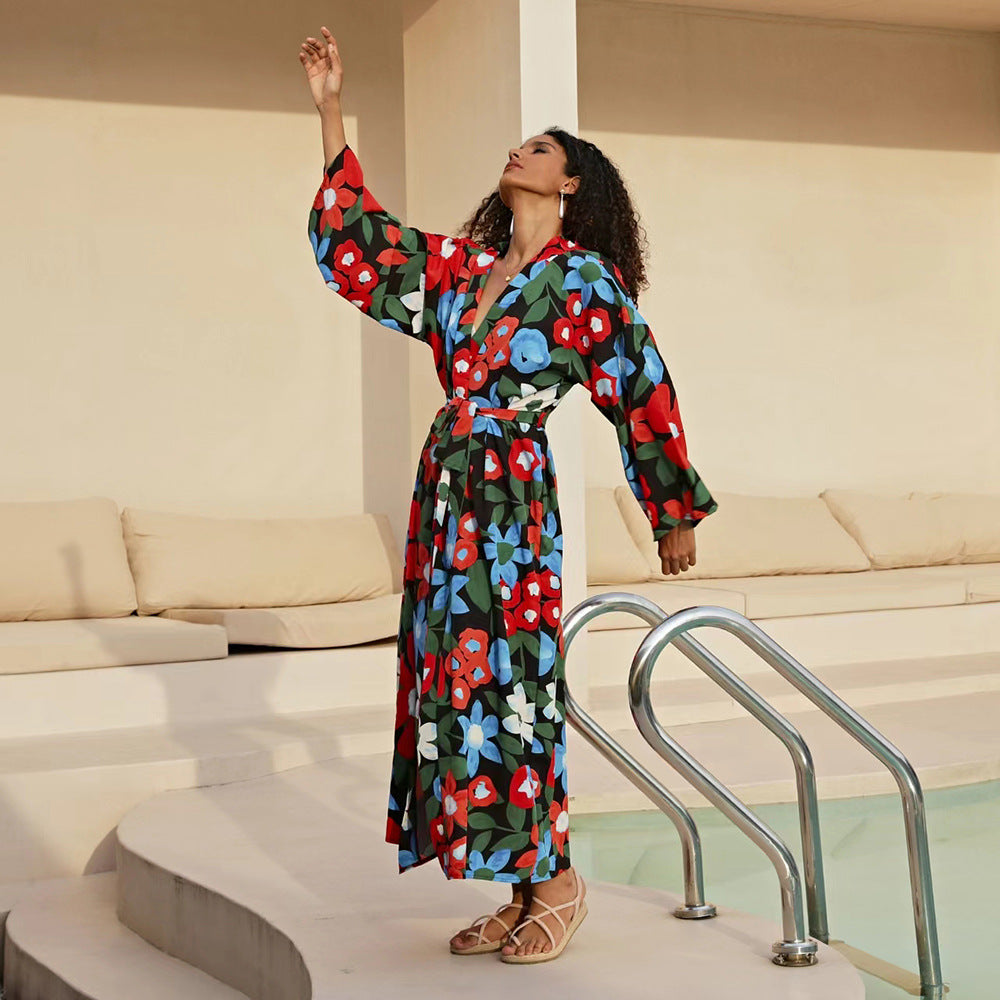 Dame elegant blomster-kaftan med sidelids Stilla