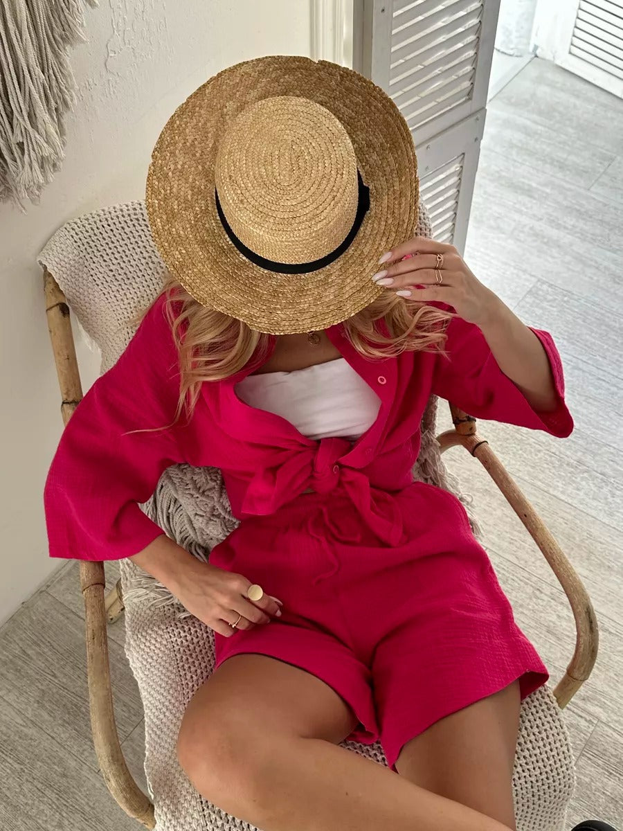 Dame afslappet kortærmet skjorte og shorts sæt med elastisk talje Stilla