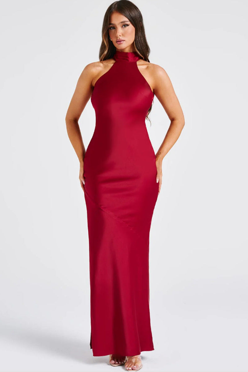 Dame Elegant Halterneck Maxikjole med slank pasform og sidelæg Stilla