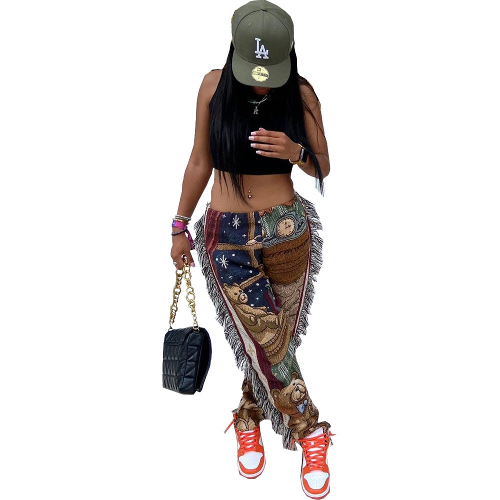 Dame Dybt skåret fritidshose med farverig grafiktryk og frynset detaljer Stilla