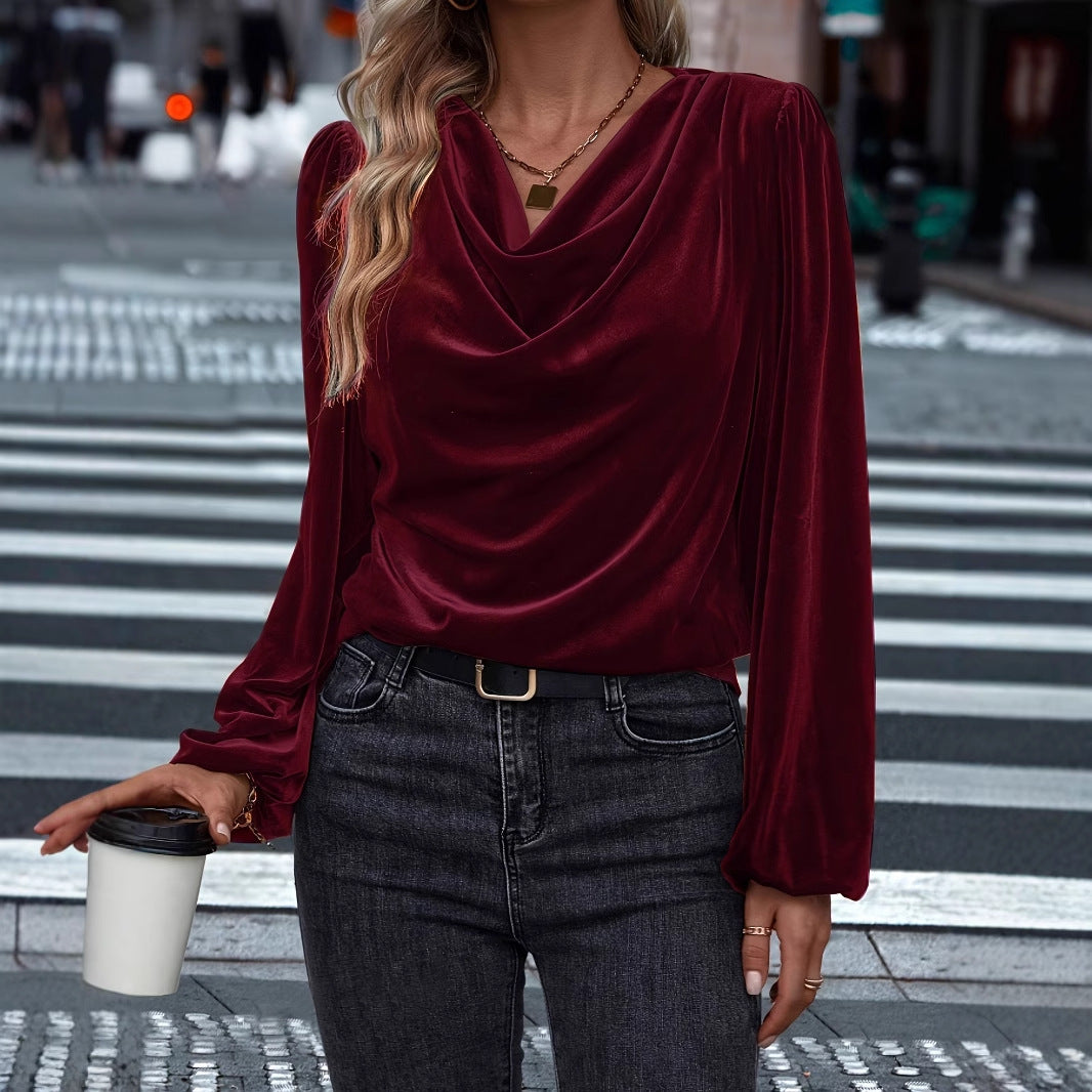 Dame elegant bluse med draperet udskæring og ballonærmer Stilla