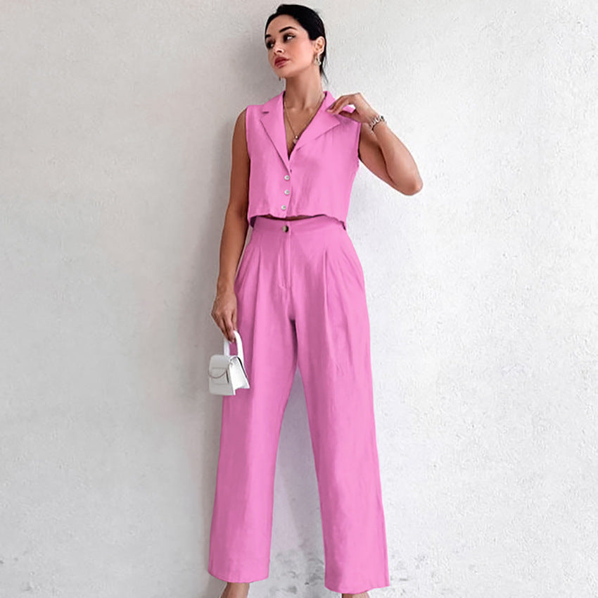 Dame crop-top og vidde bukser med knapdetaljer Stilla