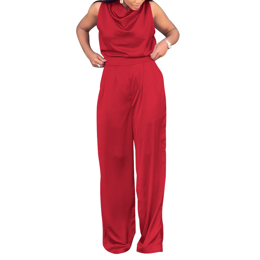 Dame Elegante Satin Jumpsuit med høj kvalitets snit og asymmetrisk design Stilla