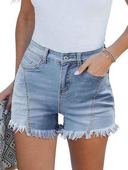 Dame Denim-Shorts med frynset kant Stilla