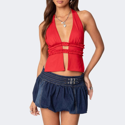 Dame Crop-top med raffineret vikledesign og flæsedetaljer Stilla