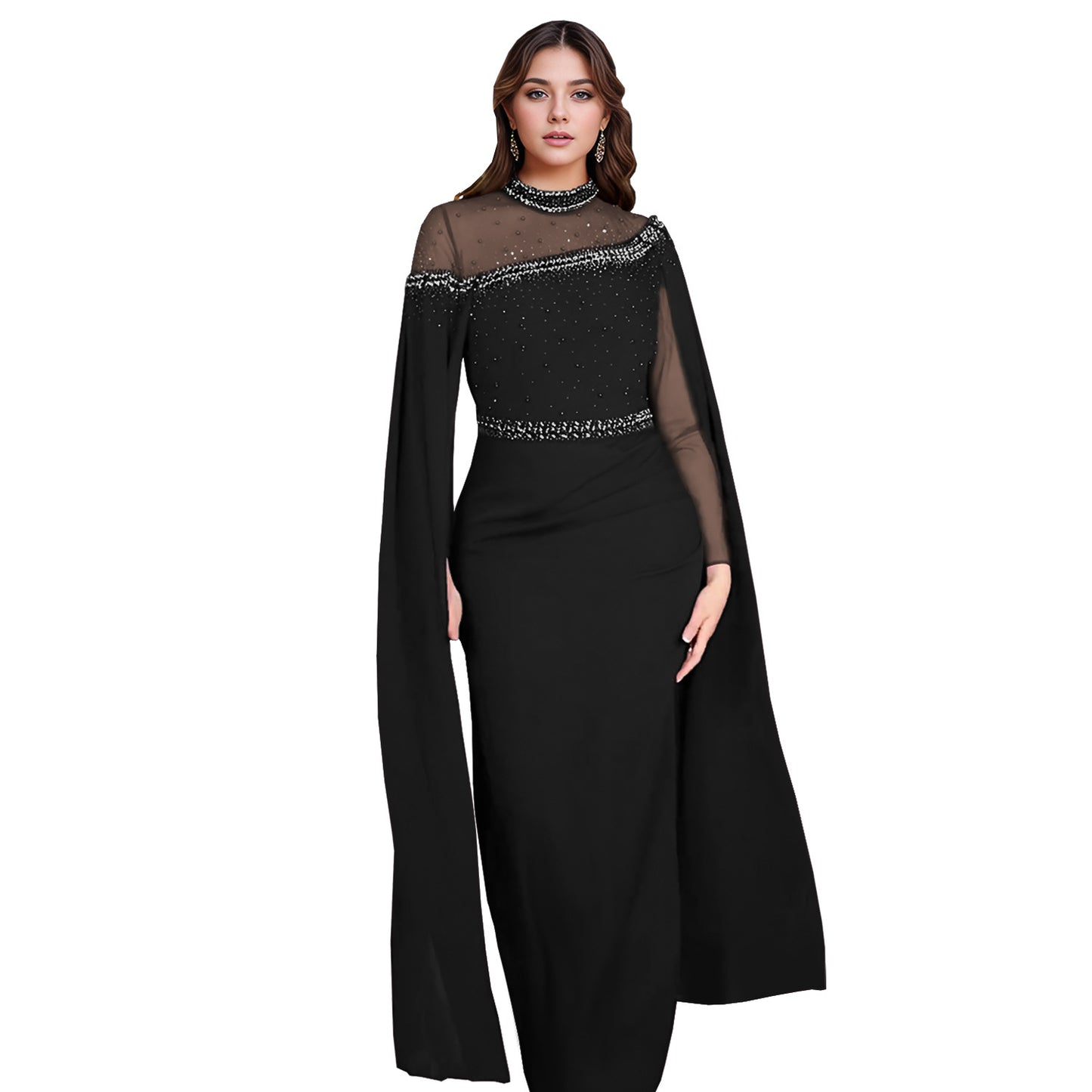 Dame Elegant aftenkjole med gennemsigtigt overmateriale og glitrende strassudsmykninger Stilla