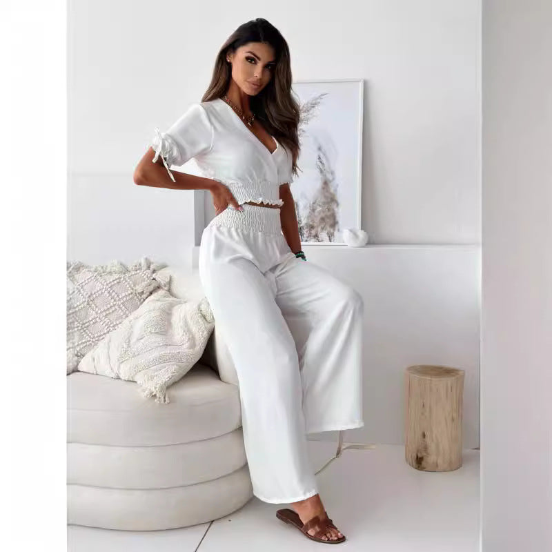 Dame Cropped Lounge Sæt med højt skårne, brede bukser Stilla