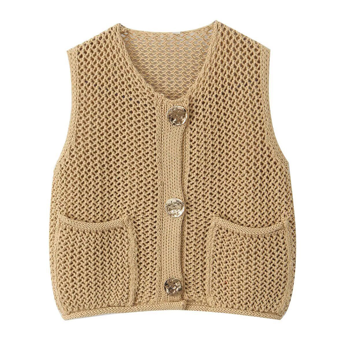 Dame strikvest med elegante knapper og lommer Stilla