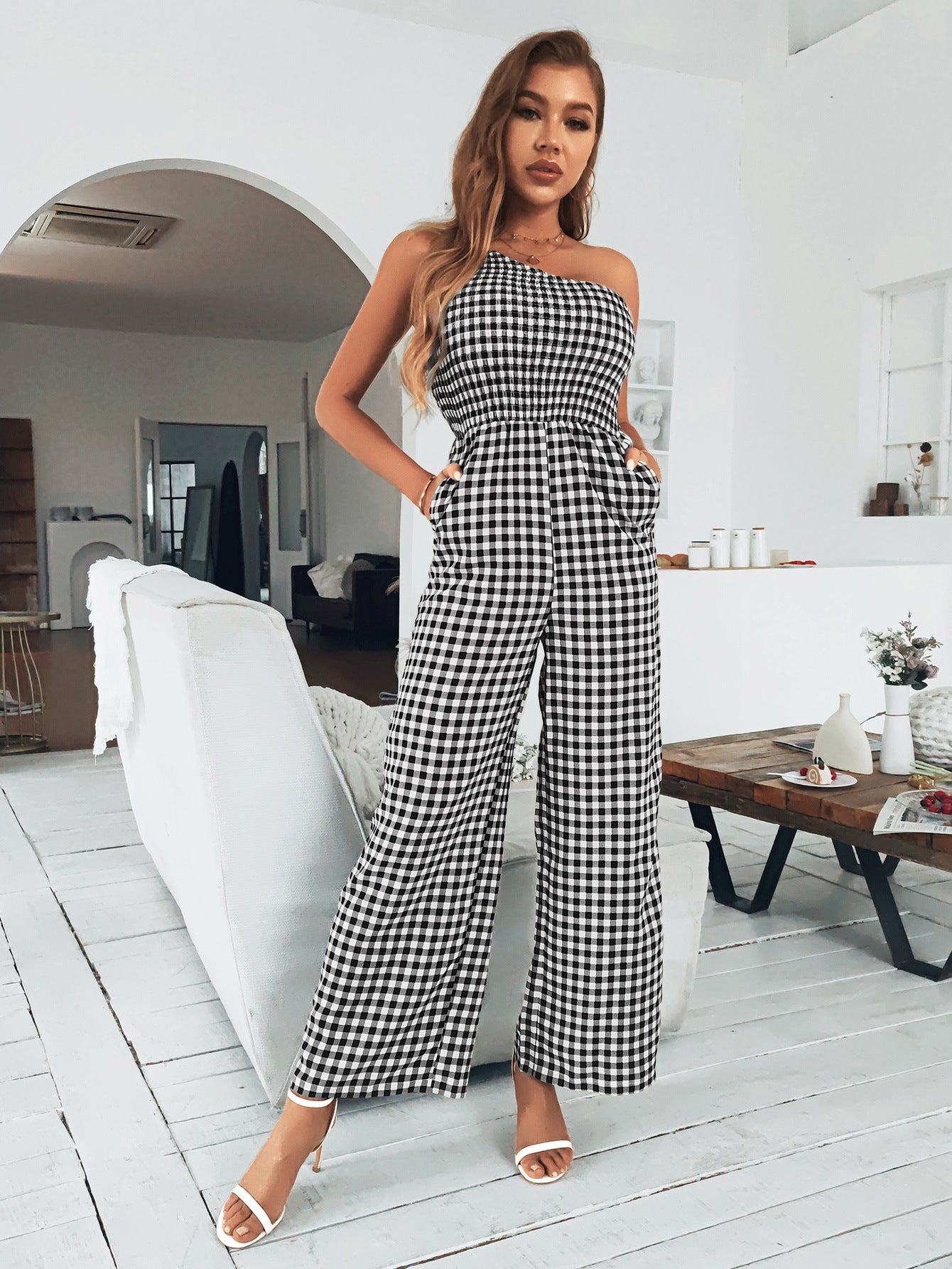 Stilla | Mode Ærmeløs Off Shoulder Trykt Bred Ben Jumpsuit