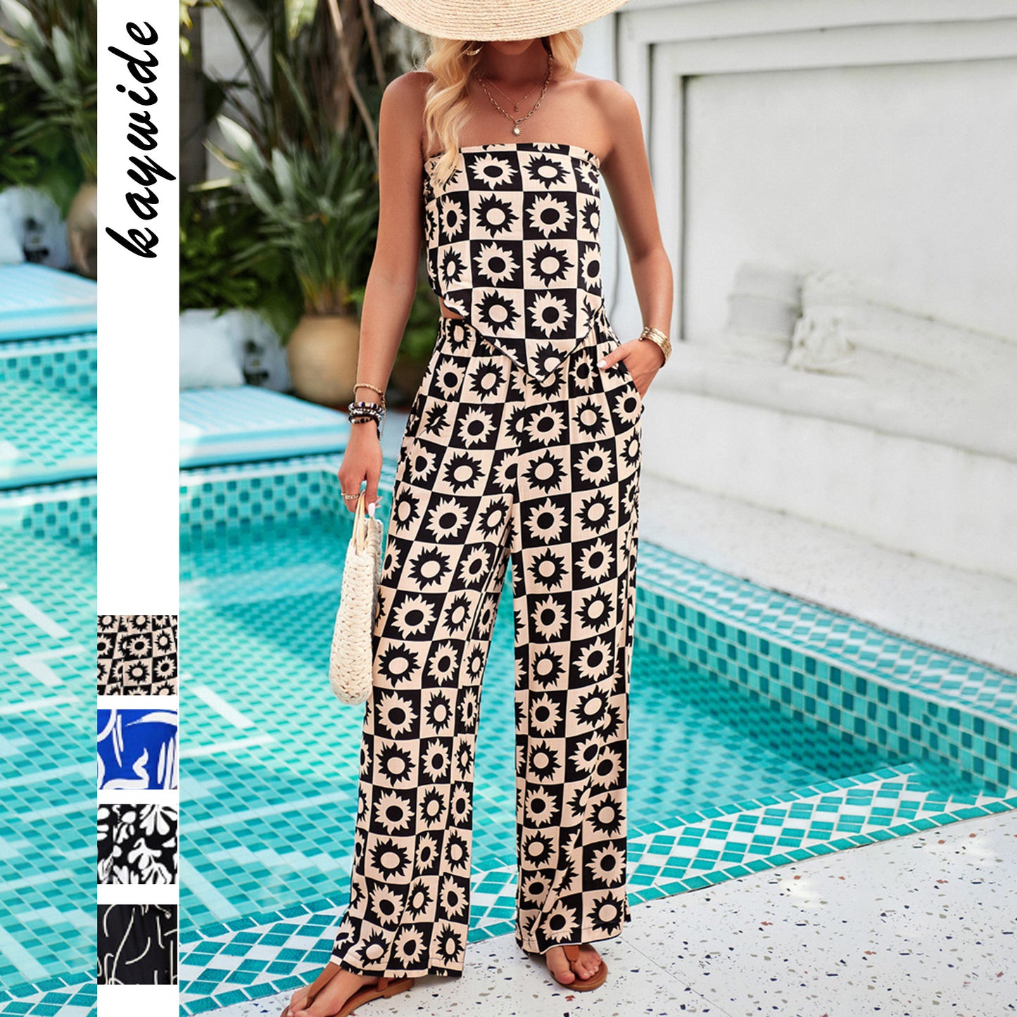 Dame luftig jumpsuit med grafisk design og bredt ben Stilla