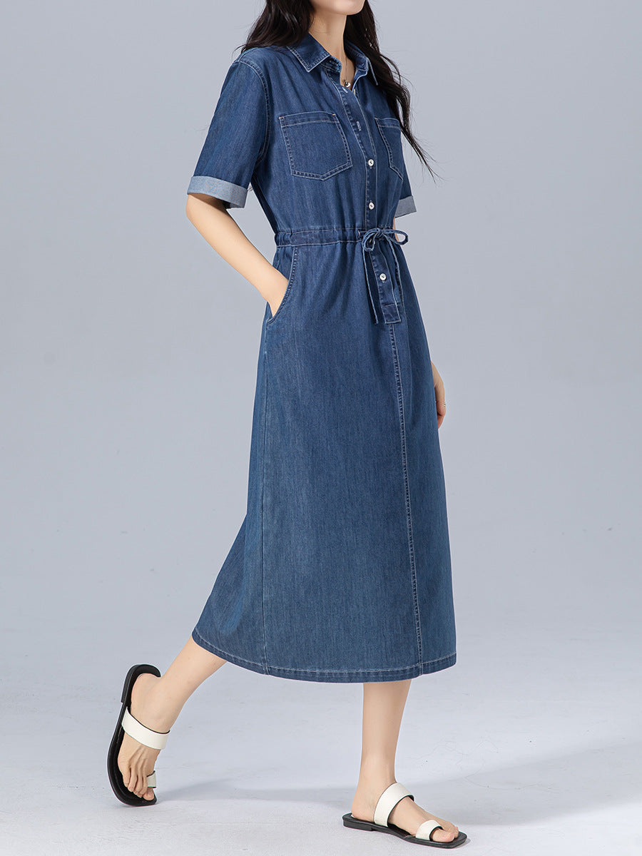 Dame Denim-skjortekjole med tætsiddende snit og praktiske lommer Stilla