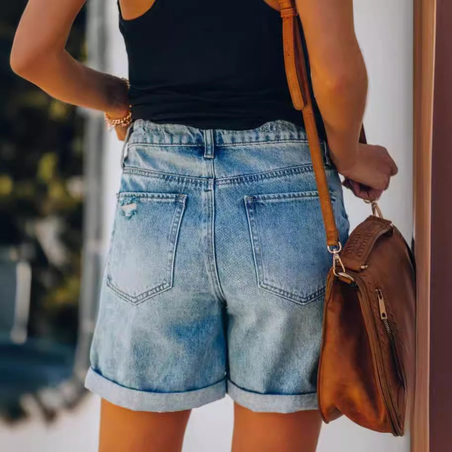 Dame Denim-shorts i afslappet vintage-stil med høj talje og frynse-detaljer Stilla