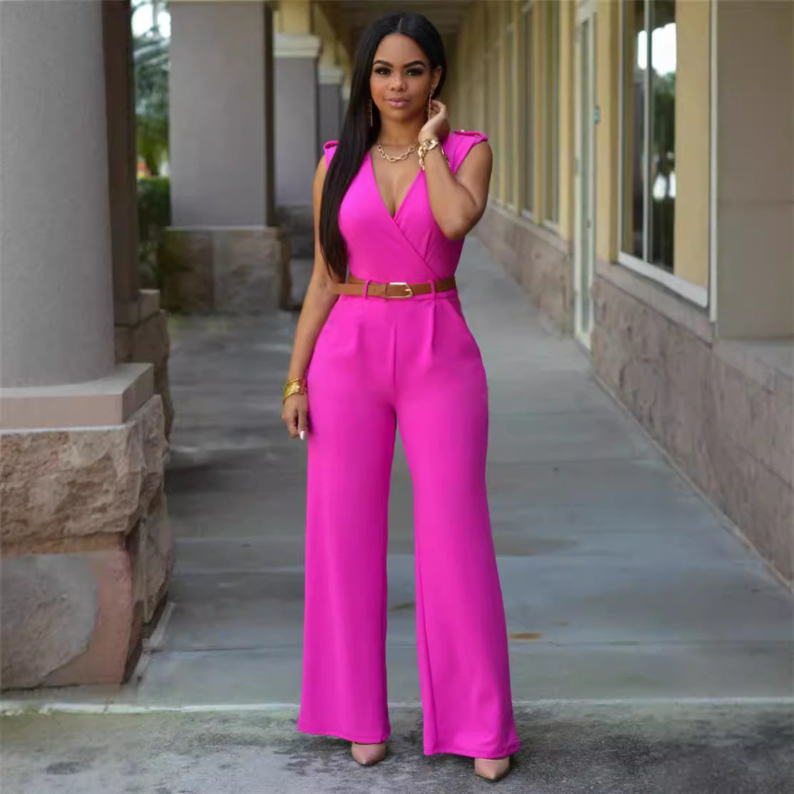 Dame Elegant jumpsuit med dyb V-hals og brede ben Stilla