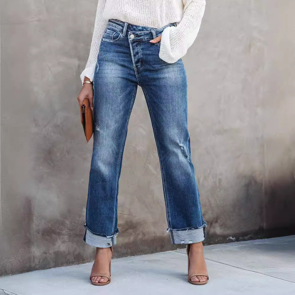 Dame High-Waist Jeans med afslappet Wide-Leg-snit og frynset ender Stilla